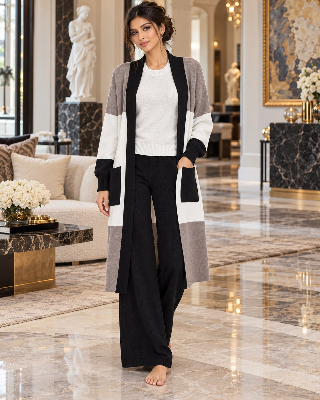 Women's 3PC Knit Set - Cardigan Tank Top Wide Leg Pants  Cross-Border Outfit Natalia Home Fashion    Natalia Home Fashion