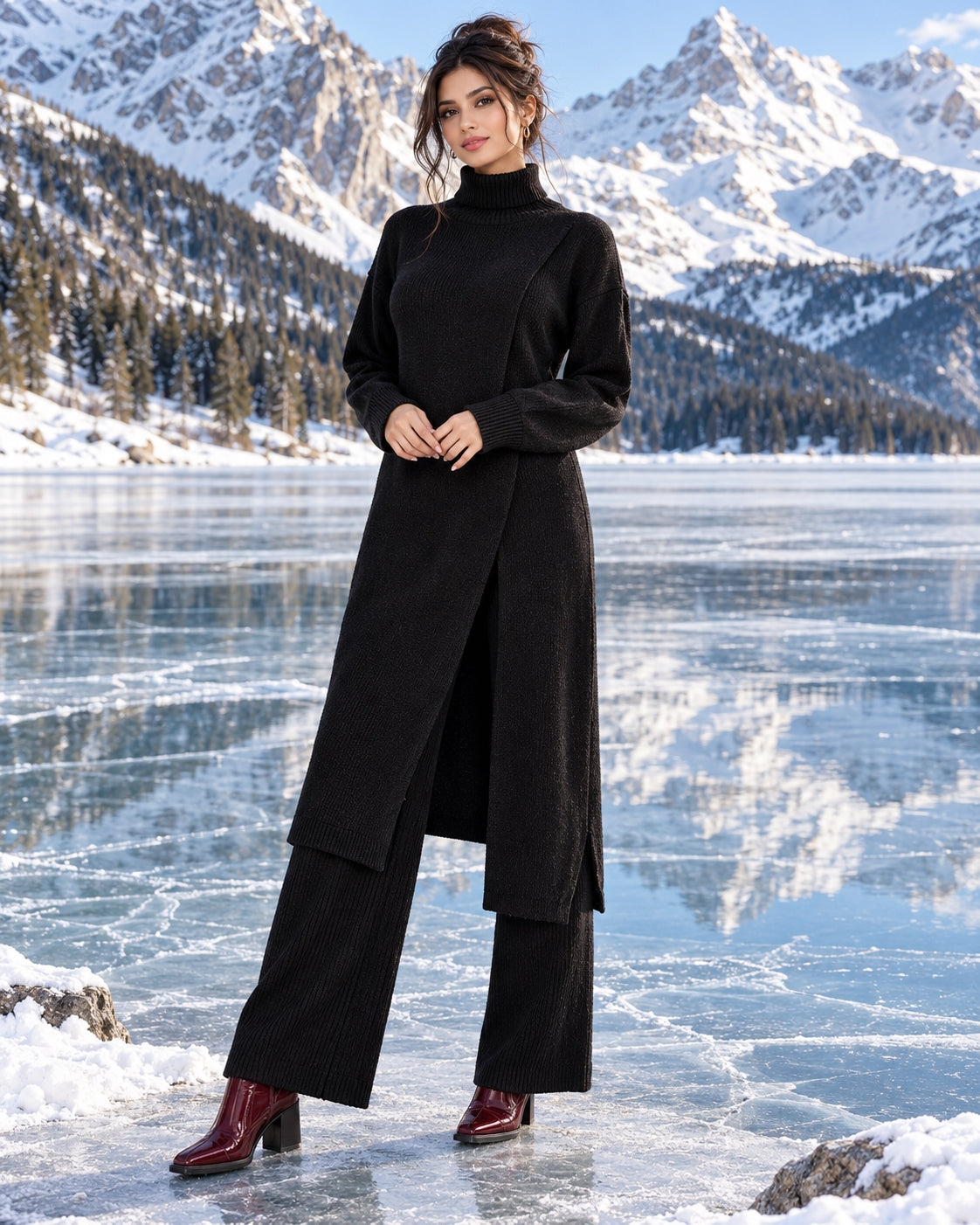 Women Knitted 2 Pieces Set Turtleneck Long Pullovers Sweaters & Wide Leg Pants Thicken Warm Sweater Sets Natalia Home Fashion    Natalia Home Fashion
