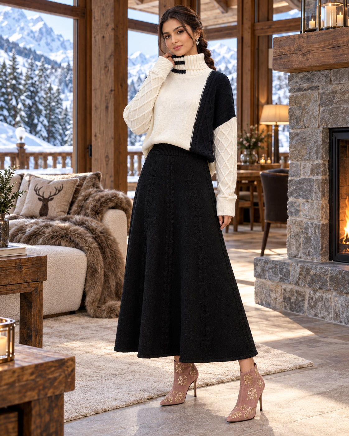 Women's Cable Knit Two Piece Set: High Neck Long Sleeve Sweater & A-Line Midi Skirt, Casual Elegant Pullover Outfit Natalia Home Fashion    Natalia Home Fashion