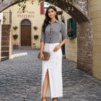 Women's Long Sleeve Striped Button-Up Shirt with Classic Lapel Collar and Curved Hem - Casual Office Wear Tops