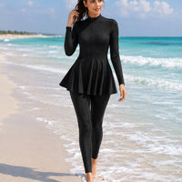 Black Swimwear for Burkini with Bra Padding Long Sleeves Sport Swimsuit Wear Bathing Suit One-piece Swimsuit
