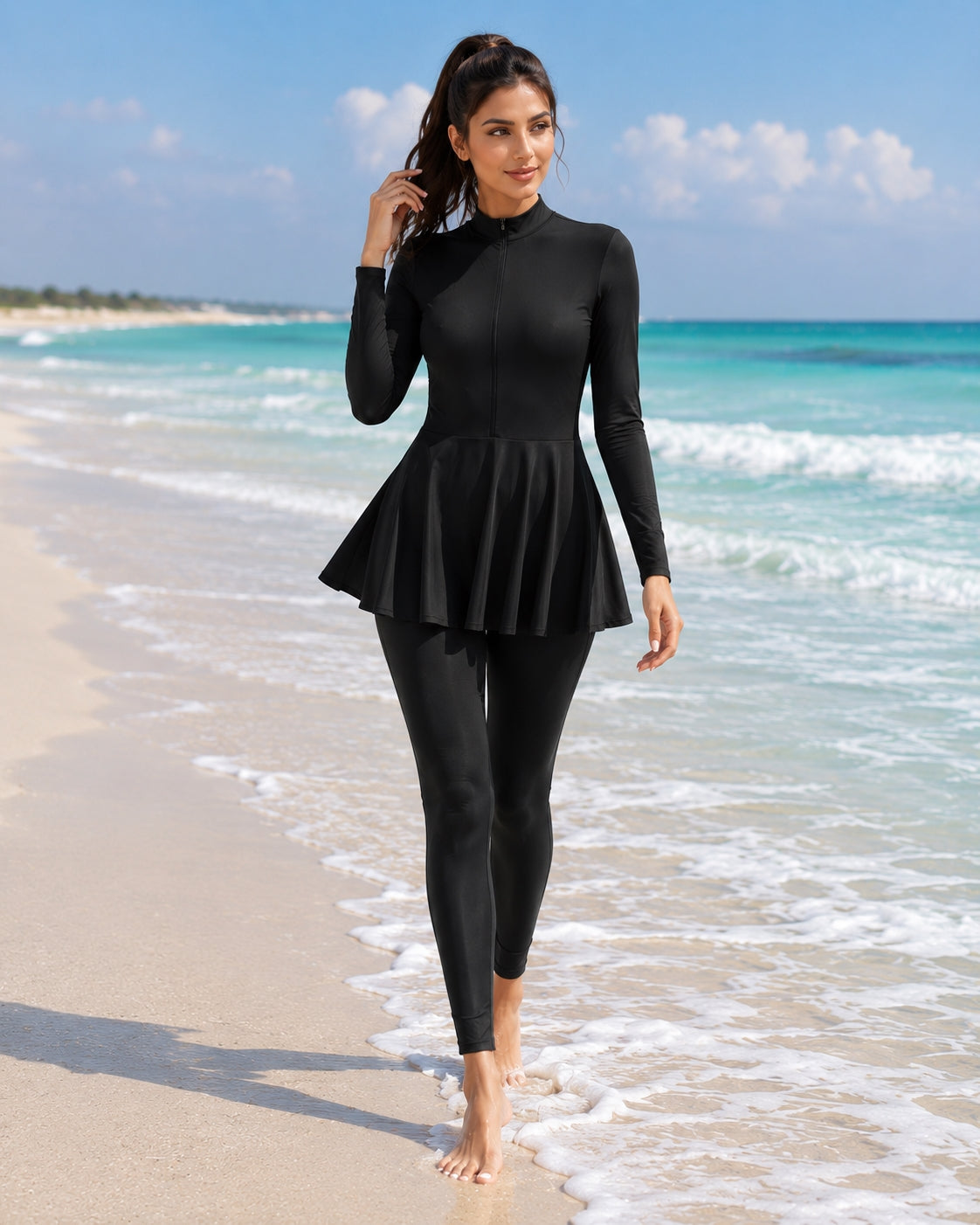 Black Swimwear for Burkini with Bra Padding Long Sleeves Sport Swimsuit Wear Bathing Suit One-piece Swimsuit