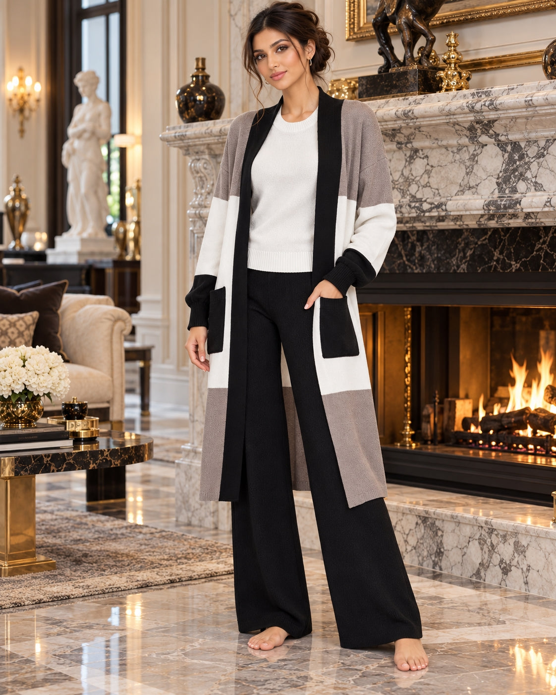 Women's 3PC Knit Set - Cardigan Tank Top Wide Leg Pants  Cross-Border Outfit Natalia Home Fashion    Natalia Home Fashion