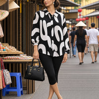 Elegant Casual Abstract Print Shirt for Women Turn-down Collar long Sleeve Loose Slimming Versatile Blouse