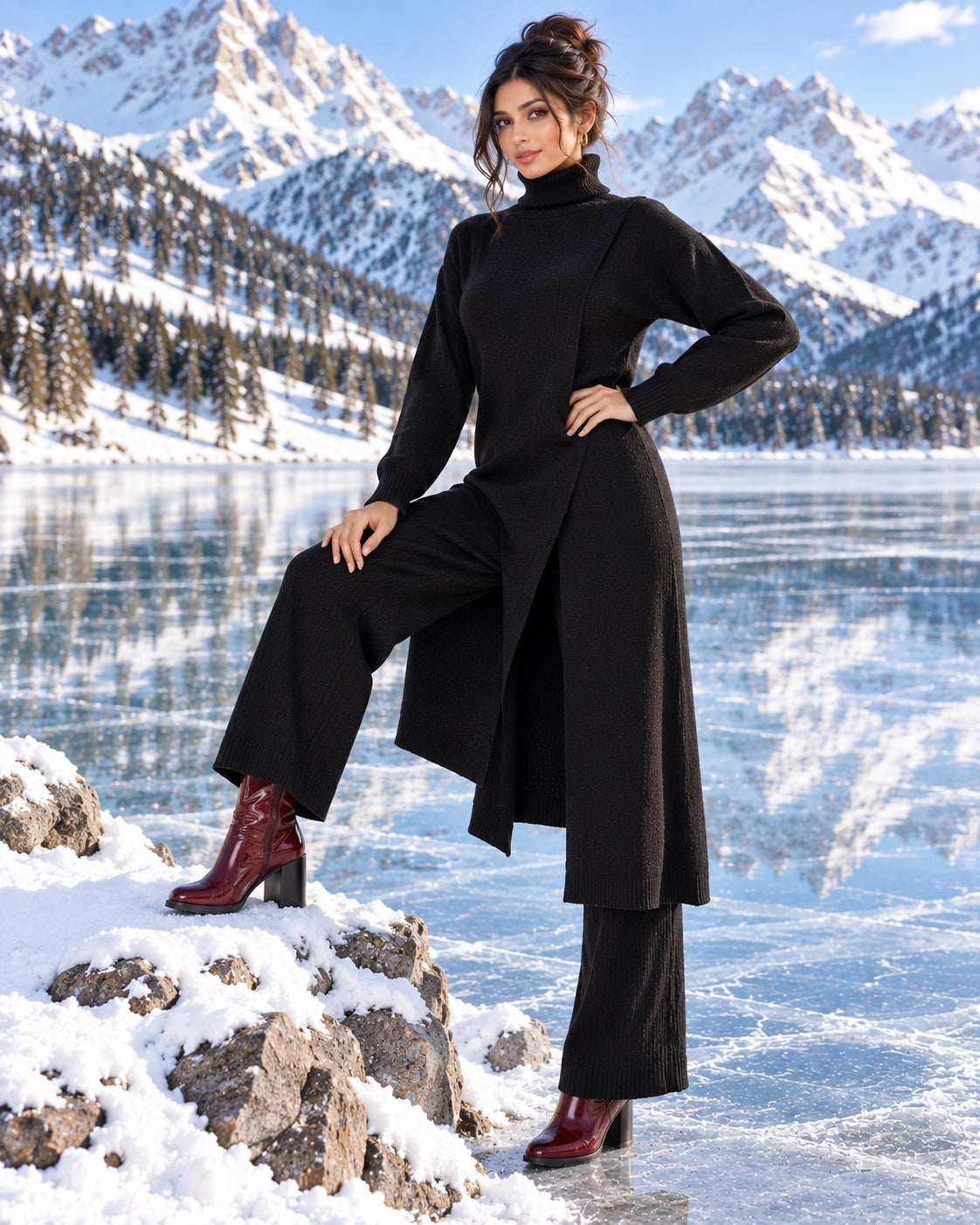 Women Knitted 2 Pieces Set Turtleneck Long Pullovers Sweaters & Wide Leg Pants Thicken Warm Sweater Sets Natalia Home Fashion    Natalia Home Fashion