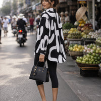 Elegant Casual Abstract Print Shirt for Women Turn-down Collar long Sleeve Loose Slimming Versatile Blouse