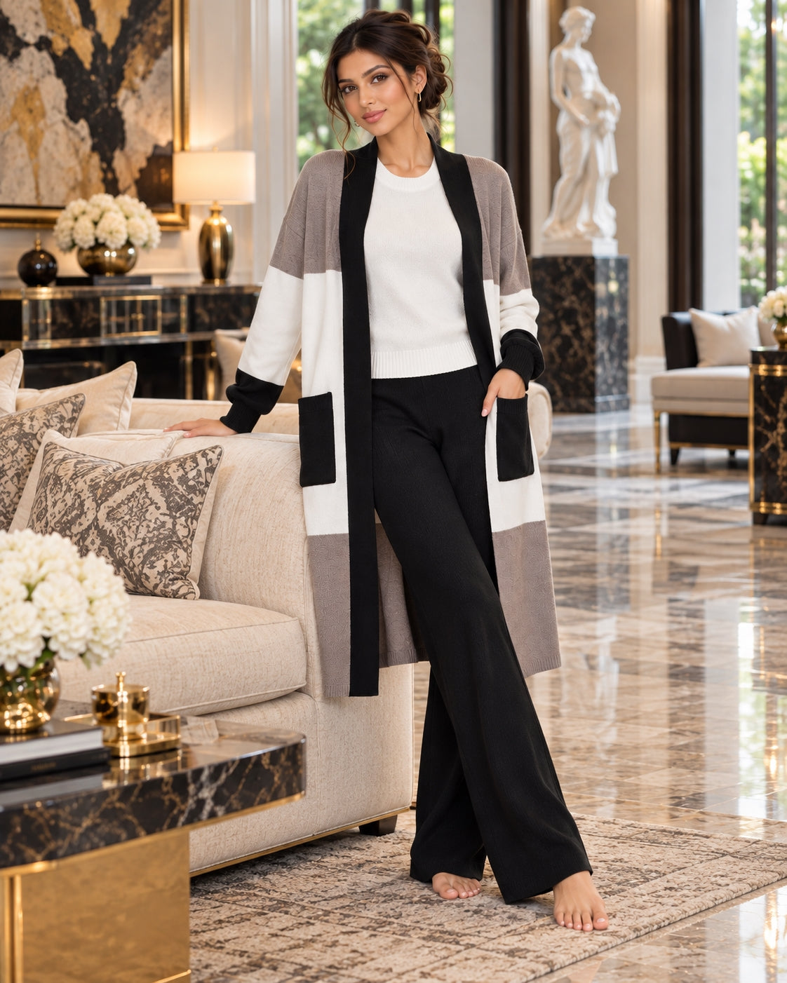 Women's 3PC Knit Set - Cardigan Tank Top Wide Leg Pants  Cross-Border Outfit Natalia Home Fashion    Natalia Home Fashion