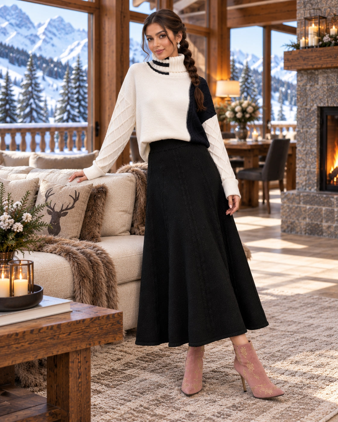 Women's Cable Knit Two Piece Set: High Neck Long Sleeve Sweater & A-Line Midi Skirt, Casual Elegant Pullover Outfit Natalia Home Fashion    Natalia Home Fashion