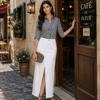 Women's Long Sleeve Striped Button-Up Shirt with Classic Lapel Collar and Curved Hem - Casual Office Wear Tops