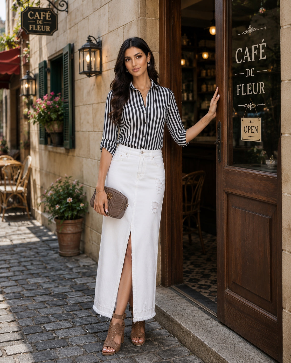Women's Long Sleeve Striped Button-Up Shirt with Classic Lapel Collar and Curved Hem - Casual Office Wear Tops