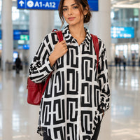 Elegant geometric printed long sleeved shirts For Women Fashion Suit Collar Button Front Blouse