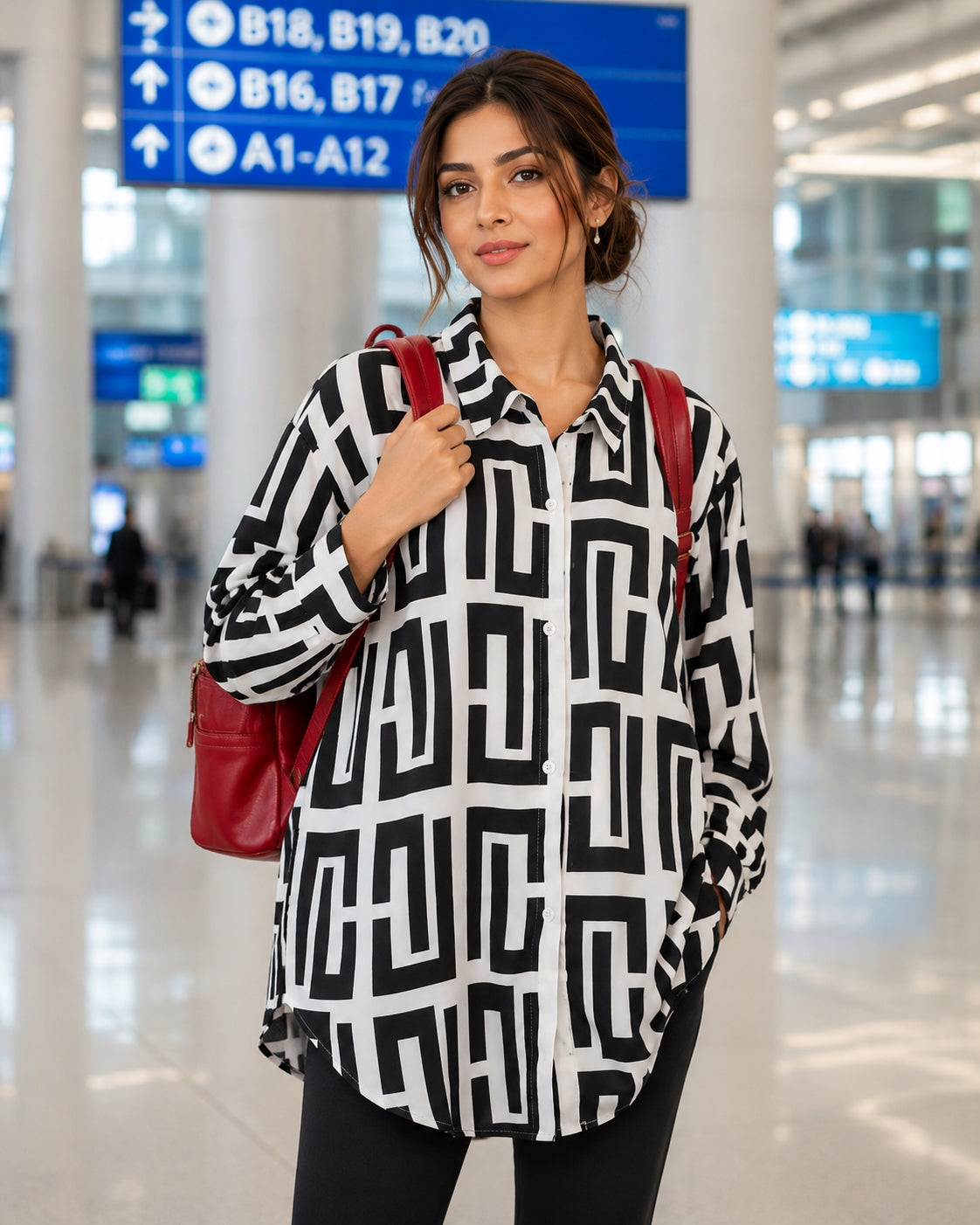 Elegant geometric printed long sleeved shirts For Women Fashion Suit Collar Button Front Blouse