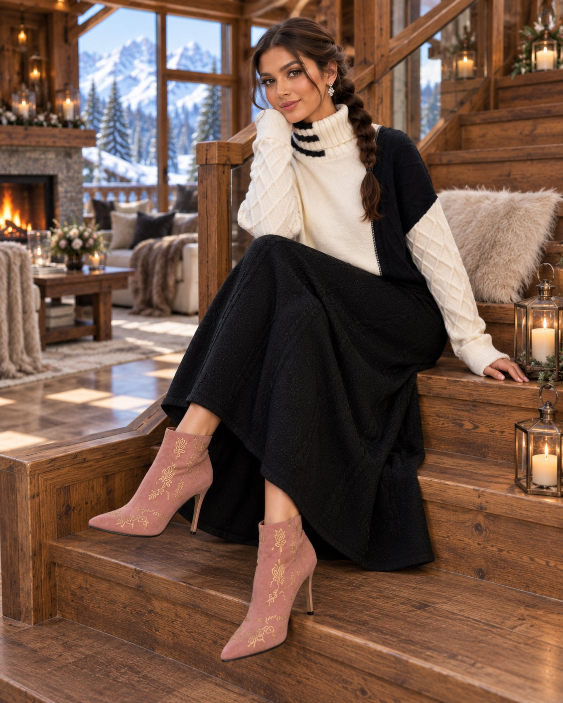 Women's Cable Knit Two Piece Set: High Neck Long Sleeve Sweater & A-Line Midi Skirt, Casual Elegant Pullover Outfit Natalia Home Fashion    Natalia Home Fashion