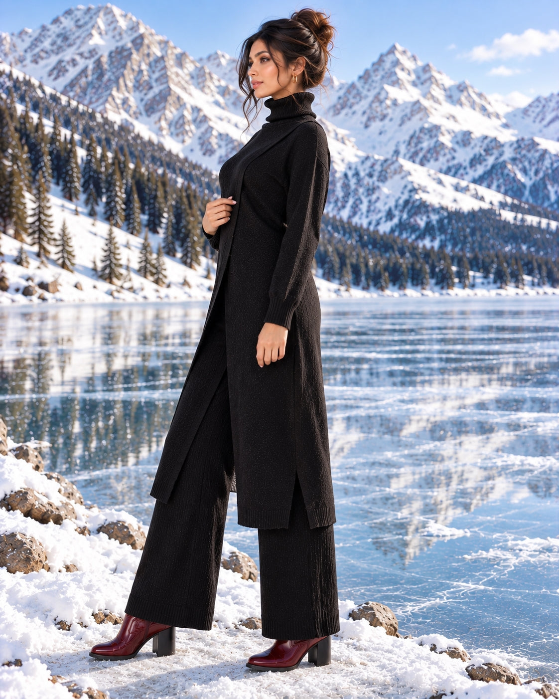 Women Knitted 2 Pieces Set Turtleneck Long Pullovers Sweaters & Wide Leg Pants Thicken Warm Sweater Sets Natalia Home Fashion    Natalia Home Fashion