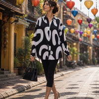 Elegant Casual Abstract Print Shirt for Women Turn-down Collar long Sleeve Loose Slimming Versatile Blouse