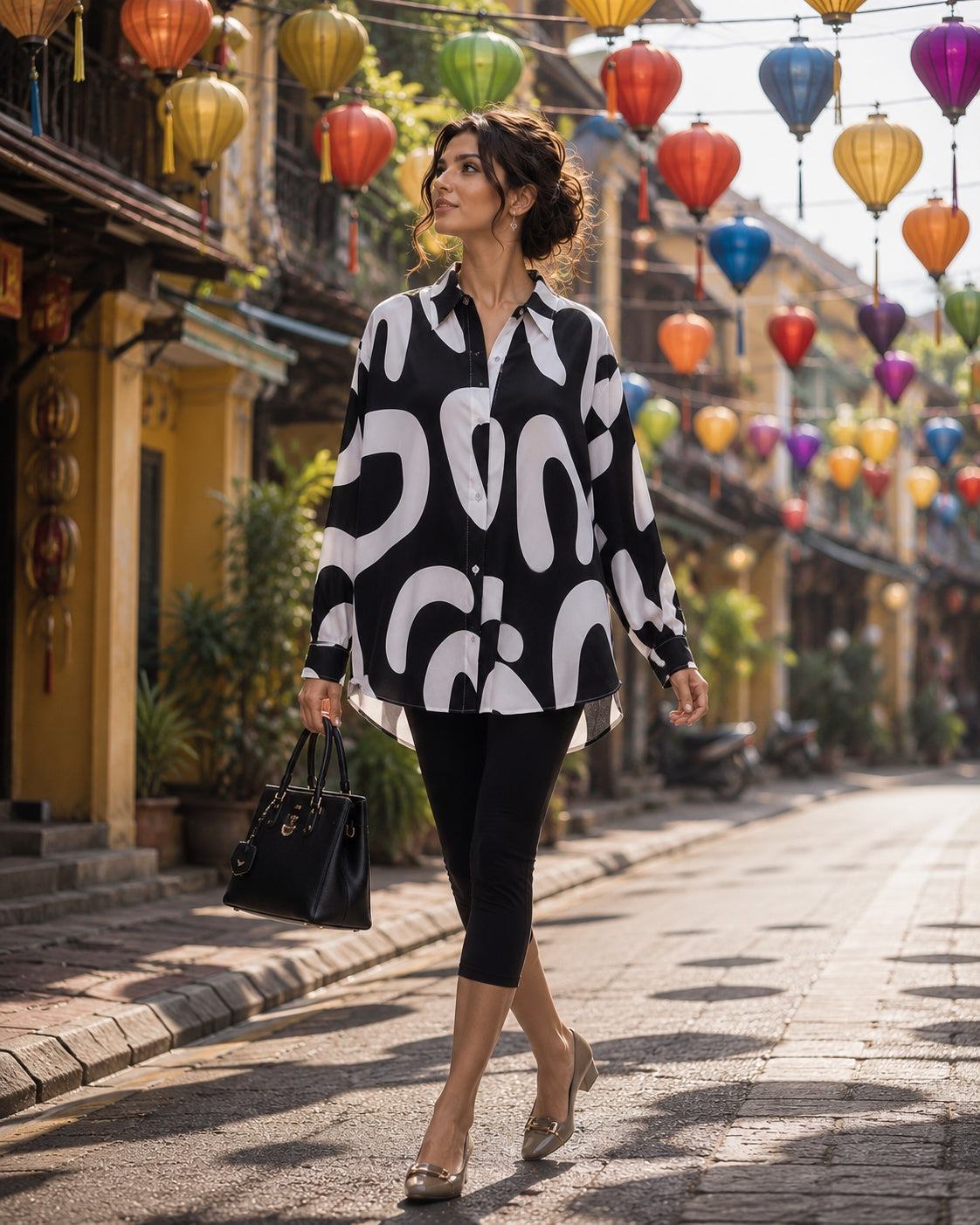 Elegant Casual Abstract Print Shirt for Women Turn-down Collar long Sleeve Loose Slimming Versatile Blouse