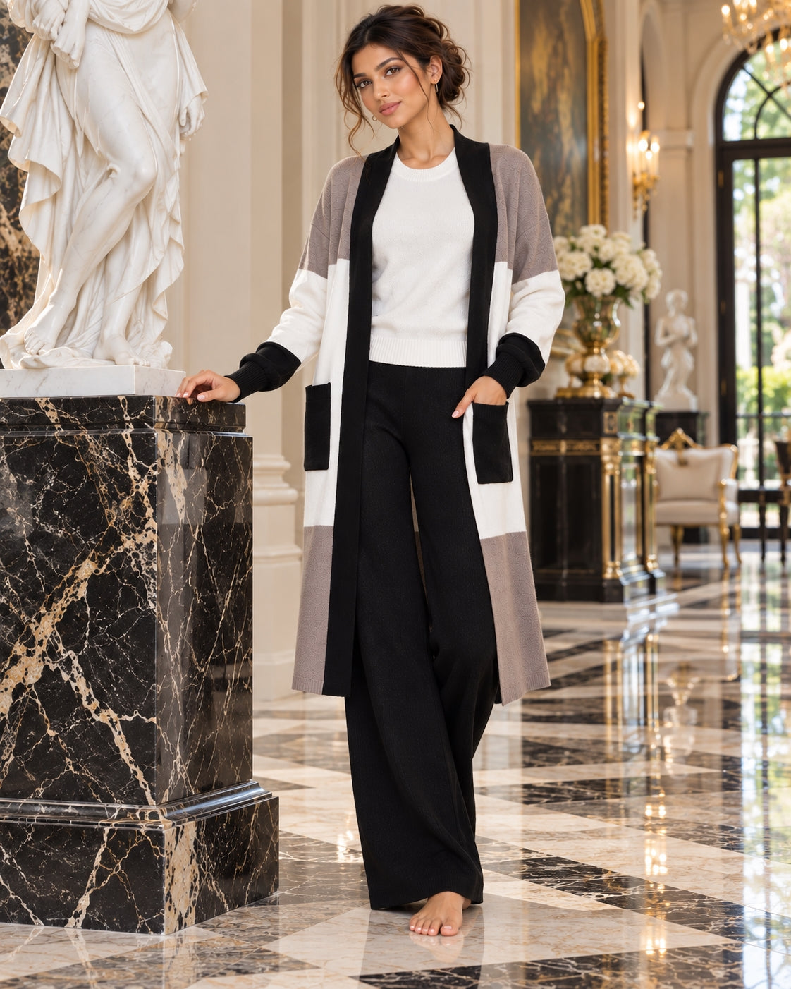 Women's 3PC Knit Set - Cardigan Tank Top Wide Leg Pants  Cross-Border Outfit Natalia Home Fashion    Natalia Home Fashion