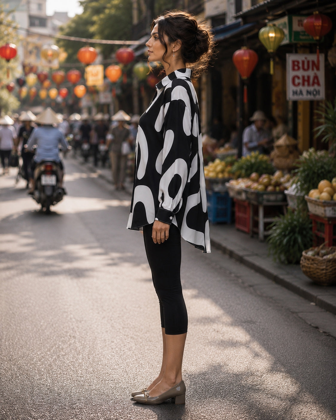 Elegant Casual Abstract Print Shirt for Women Turn-down Collar long Sleeve Loose Slimming Versatile Blouse