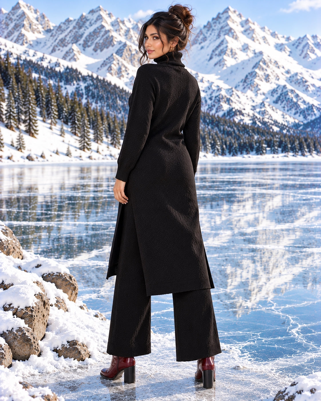 Women Knitted 2 Pieces Set Turtleneck Long Pullovers Sweaters & Wide Leg Pants Thicken Warm Sweater Sets Natalia Home Fashion    Natalia Home Fashion