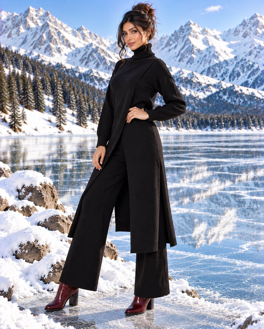 Women Knitted 2 Pieces Set Turtleneck Long Pullovers Sweaters & Wide Leg Pants Thicken Warm Sweater Sets Natalia Home Fashion    Natalia Home Fashion