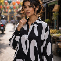 Elegant Casual Abstract Print Shirt for Women Turn-down Collar long Sleeve Loose Slimming Versatile Blouse