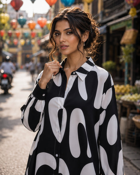 Elegant Casual Abstract Print Shirt for Women Turn-down Collar long Sleeve Loose Slimming Versatile Blouse Natalia Home Fashion    Natalia Home Fashion