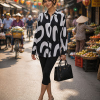 Elegant Casual Abstract Print Shirt for Women Turn-down Collar long Sleeve Loose Slimming Versatile Blouse