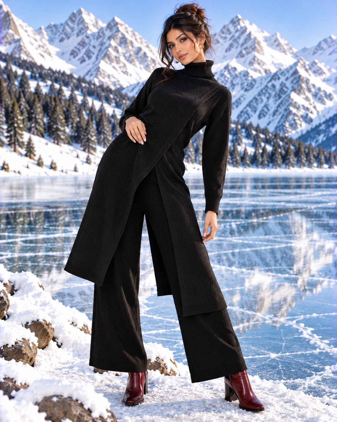 Women Knitted 2 Pieces Set Turtleneck Long Pullovers Sweaters & Wide Leg Pants Thicken Warm Sweater Sets Natalia Home Fashion    Natalia Home Fashion