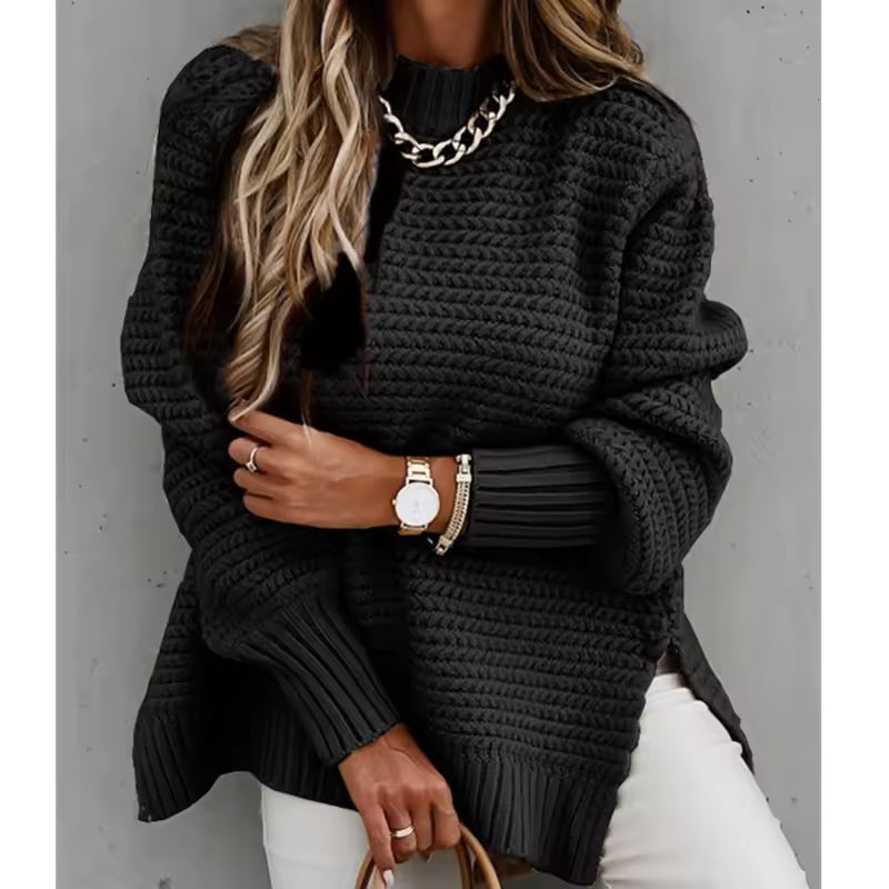 Solid Color Simple Semi-high Collar Long-sleeved Split Pullover Sweater Women's Loose Casual Knitted Sweater Natalia Home Fashion    Natalia Home Fashion
