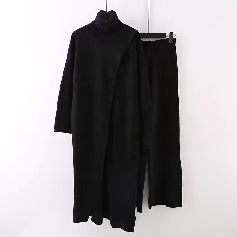 Women Knitted 2 Pieces Set Turtleneck Long Pullovers Sweaters & Wide Leg Pants Thicken Warm Sweater Sets Natalia Home Fashion    Natalia Home Fashion