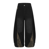 Retro Leopard Print Patchwork Baggy Jeans Women High Waist Wide Leg Washed Denim Pants Trousers Natalia Home Fashion    Natalia Home Fashion