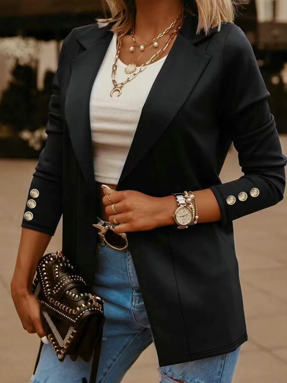 Women Metallic Button Long Sleeve Casual Blazer Female Notched Cardigan Jacket Outwear Natalia Home Fashion    Natalia Home Fashion