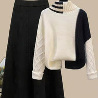 Women's Cable Knit Two Piece Set: High Neck Long Sleeve Sweater & A-Line Midi Skirt, Casual Elegant Pullover Outfit Natalia Home Fashion    Natalia Home Fashion