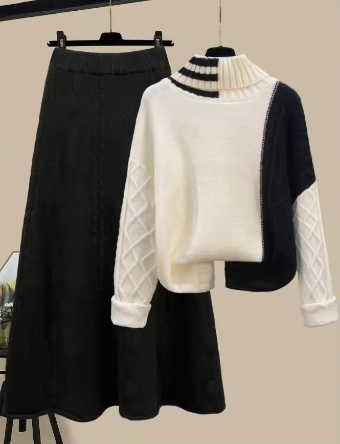 Women's Cable Knit Two Piece Set: High Neck Long Sleeve Sweater & A-Line Midi Skirt, Casual Elegant Pullover Outfit Natalia Home Fashion    Natalia Home Fashion