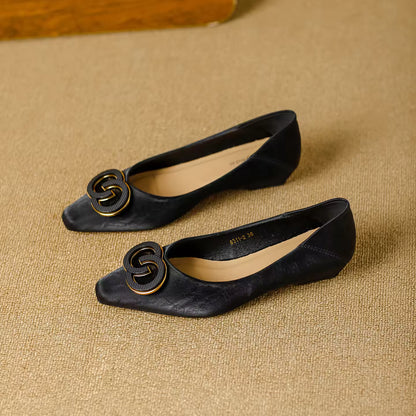 French Pointed Toe Ballerina  Style Slip-On Women's Shoes big buckle Embellished