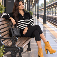 Ladies Striped Knit Sweater Half Zipper Wide Lapel Collar Loose Long Sleeve Pullover For Casual Daily Wear Natalia Home Fashion    Natalia Home Fashion