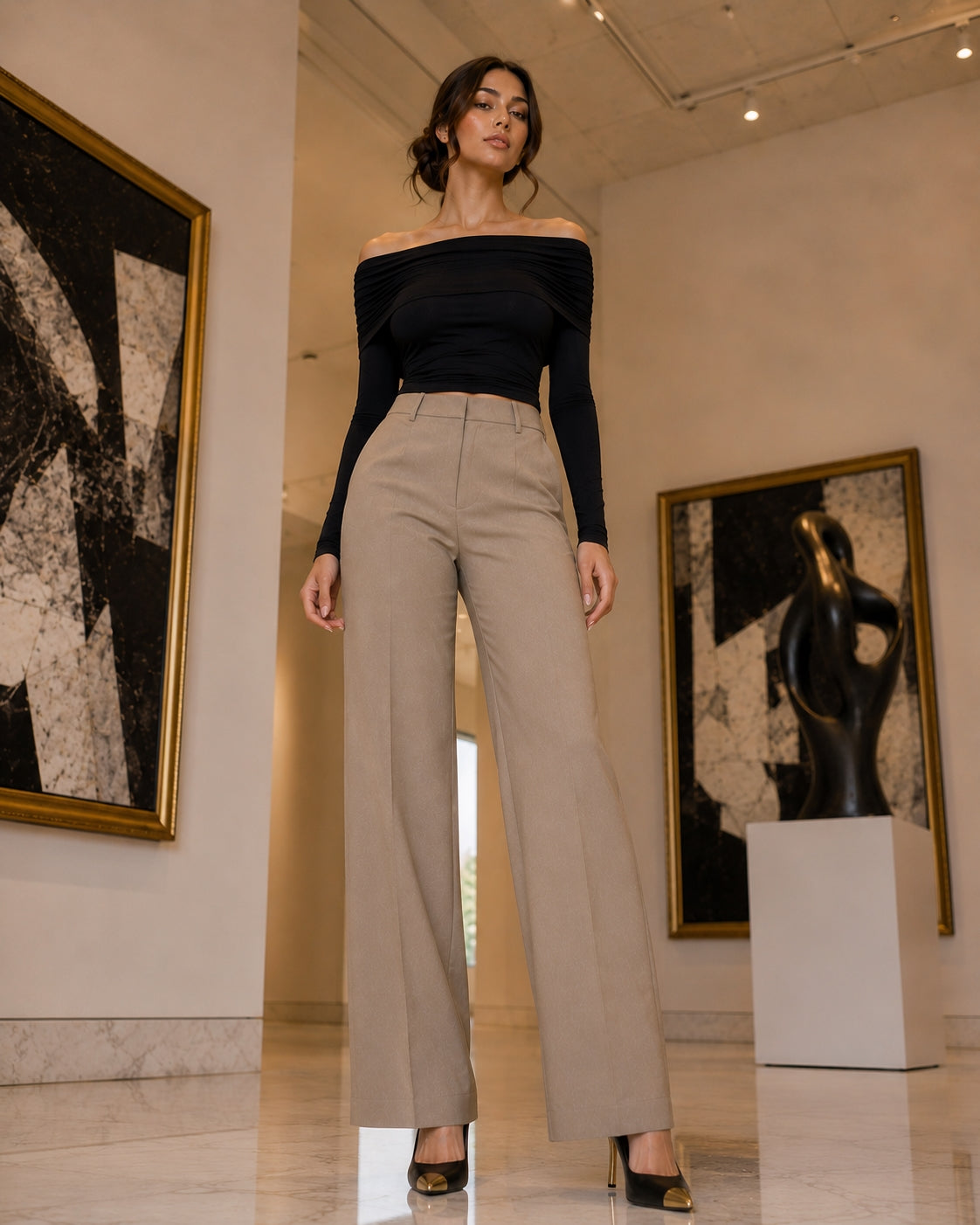 Sexy Shoulder Bared Long Sleeve Slim Fit Outwear Asymmetric Belly Bared Pleated T-Shirt Style Short New Arrival Acetate Fabric