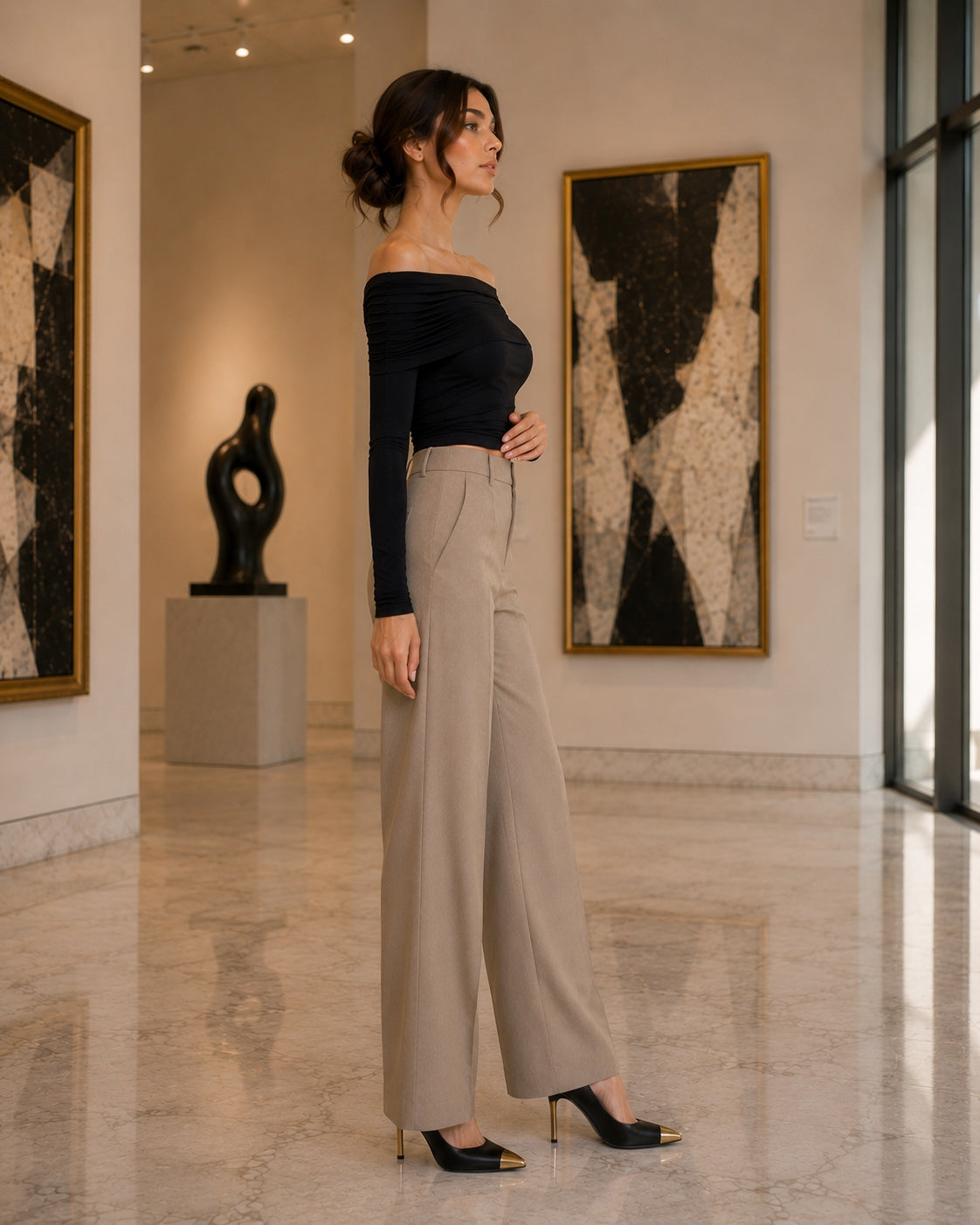 Sexy Shoulder Bared Long Sleeve Slim Fit Outwear Asymmetric Belly Bared Pleated T-Shirt Style Short New Arrival Acetate Fabric