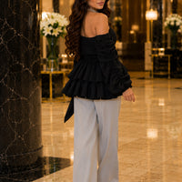 Women's Asymmetric Off-Shoulder Crop-Top Irregular Bow-Waist Puff-Sleeve Party Evening Top
