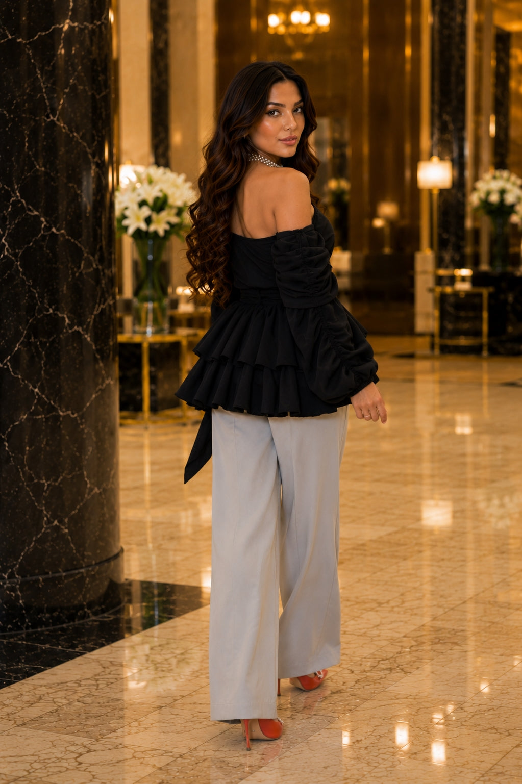 Women's Asymmetric Off-Shoulder Crop-Top Irregular Bow-Waist Puff-Sleeve Party Evening Top