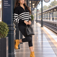 Ladies Striped Knit Sweater Half Zipper Wide Lapel Collar Loose Long Sleeve Pullover For Casual Daily Wear Natalia Home Fashion    Natalia Home Fashion