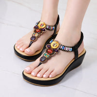 Sandals Women PU Flip Flops Casual Shoes Woman Beading Elastic Band Wedges Sandals Ethnic Style Fashion Flats - Natalia Home Fashion