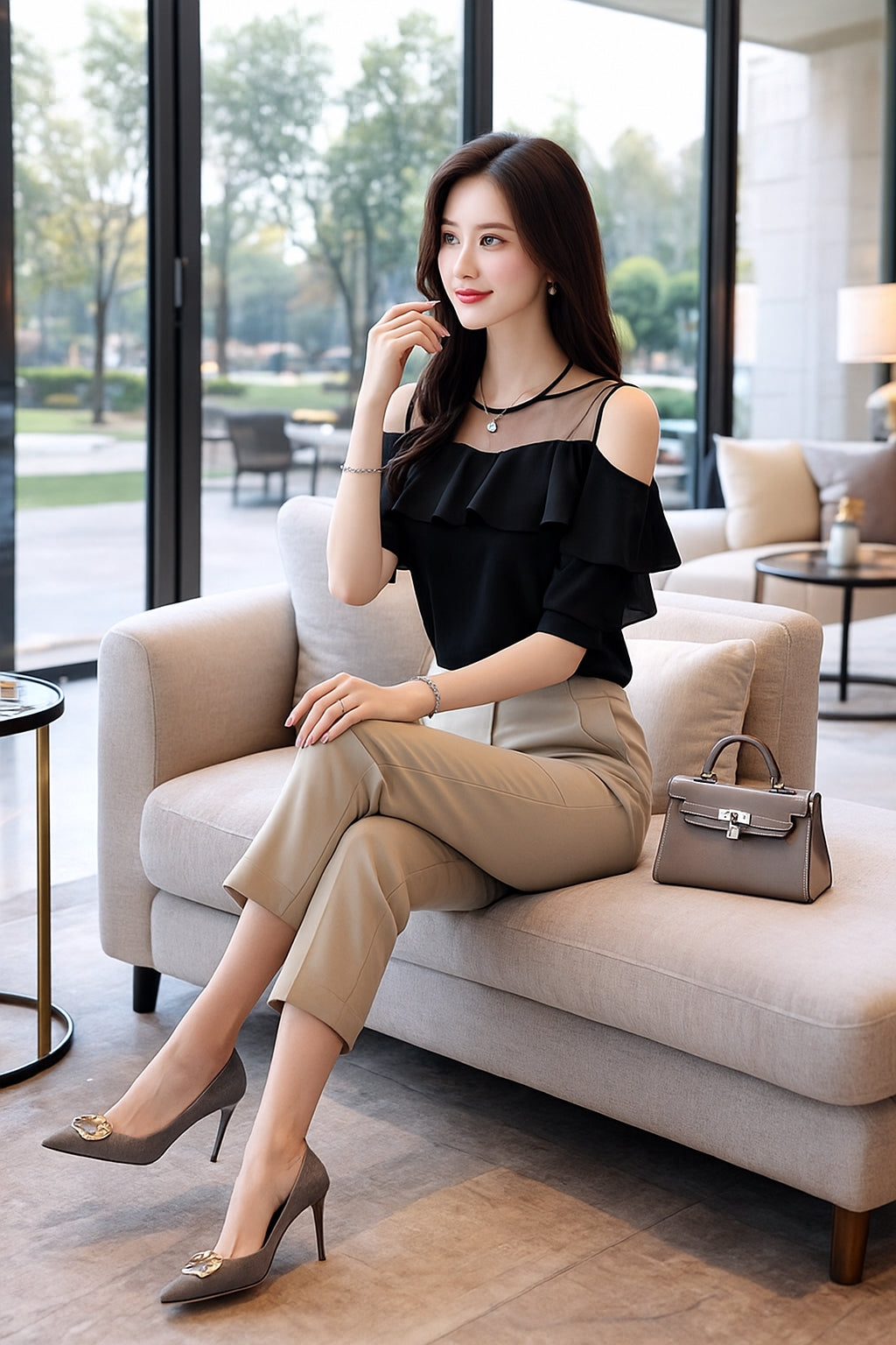 Loose Women's Chiffon Shirt round Neck Pure Color Mesh Five Sleeve Transparent Top Fashionable Small Shirt