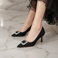 Elegant Retro Pointed Toe High Heels Thin Heel Women's Shoes Comfortable Diamond Embellished Low Cut Fashionable Footwear