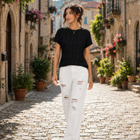 Women's Casual Round Neck Jacquard Short Sleeve Top T-shirt Leisure Commute Women Clothing