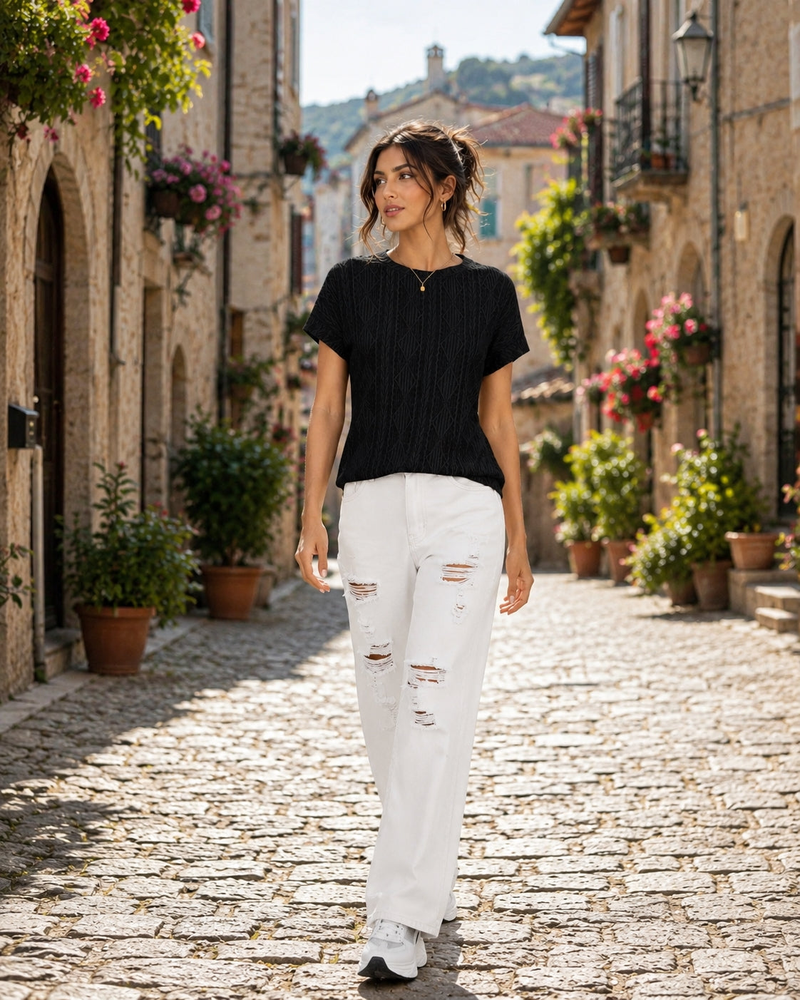Women's Casual Round Neck Jacquard Short Sleeve Top T-shirt Leisure Commute Women Clothing