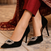 Women 10.5cm Super High Heels Pointed Toe Side Hollow Work Pumps Metal Crystal Buckle Velvet Stiletto Fashion Banquet Lady Shoes