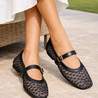 Fishnet Ballet Flats Square Toe Breathable Hollow Mesh Sandals Casual and Comfortable Mary Jane Shoes