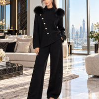 Casual Knitted Half-High Collar Sweater And Pants Set Real Fox Shoulder Patches  Style Comfortable Lazy Style Natalia Home Fashion    Natalia Home Fashion