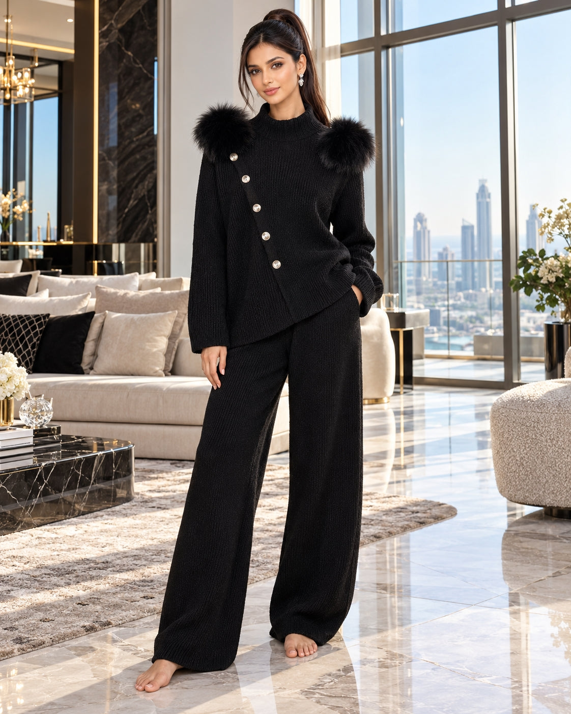 Casual Knitted Half-High Collar Sweater And Pants Set Real Fox Shoulder Patches  Style Comfortable Lazy Style Natalia Home Fashion    Natalia Home Fashion